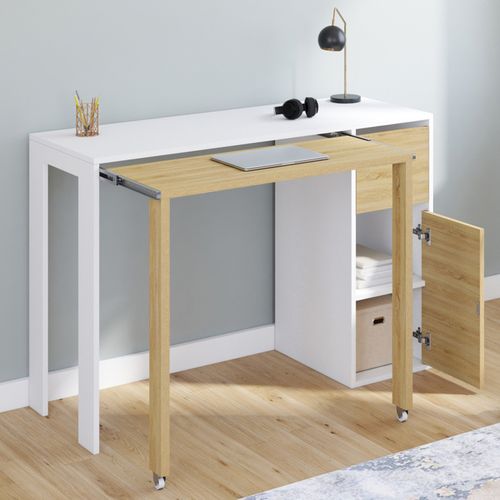 Bureau Extensible Ron Avec Colonne De Rangement Tiroir Et Placard Blanc Et Bois