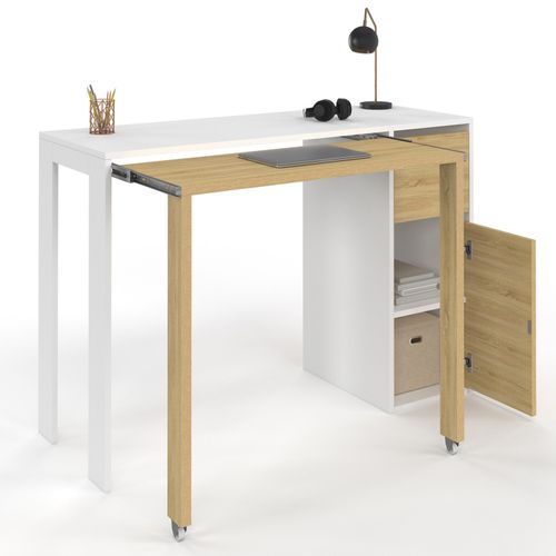 Bureau Extensible Ron Avec Colonne De Rangement Tiroir Et Placard Blanc Et Bois