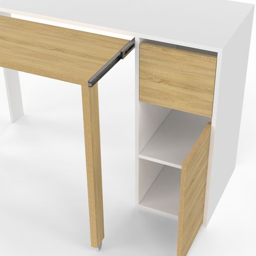 Bureau Extensible Ron Avec Colonne De Rangement Tiroir Et Placard Blanc Et Bois