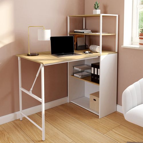 Bureau Bibliothèque Pliable Ray Plateau Rabattable Bois Façon Hêtre Et Blanc