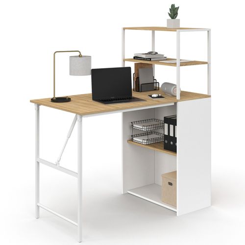 Bureau Bibliothèque Pliable Ray Plateau Rabattable Bois Façon Hêtre Et Blanc