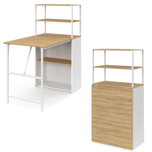 Bureau Bibliothèque Pliable Ray Plateau Rabattable Bois Façon Hêtre Et Blanc