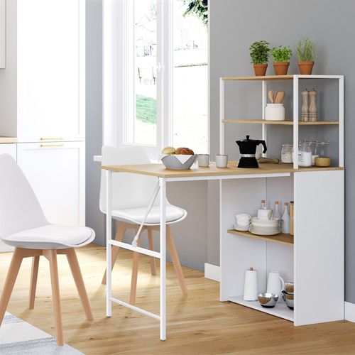 Bureau Bibliothèque Pliable Ray Plateau Rabattable Bois Façon Hêtre Et Blanc