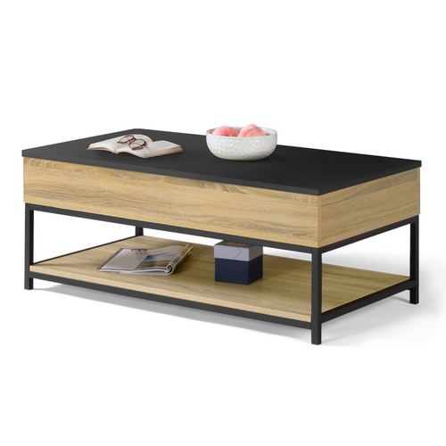 Table Basse Plateau Relevable Rectangulaire Boston 100 Cm Et Étagère Inférieure Design Industriel