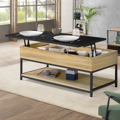 Table Basse Plateau Relevable Rectangulaire Boston 100 Cm Et Étagère Inférieure Design Industriel