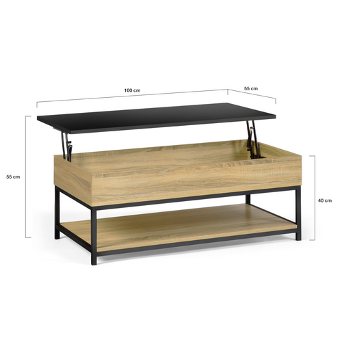 Table Basse Plateau Relevable Rectangulaire Boston 100 Cm Et Étagère Inférieure Design Industriel