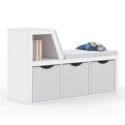 Bibliothèque Banc Oscar 4 Cases Avec Coussins Gris Et Bacs Tissus 102 Cm Blanc