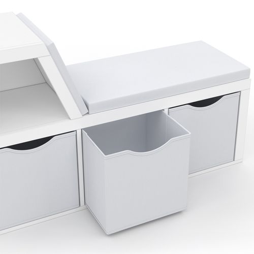 Bibliothèque Banc Oscar 4 Cases Avec Coussins Gris Et Bacs Tissus 102 Cm Blanc