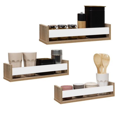 Lot De 3 Étagères à Épices Murales Jules Façon Hêtre Et Blanc