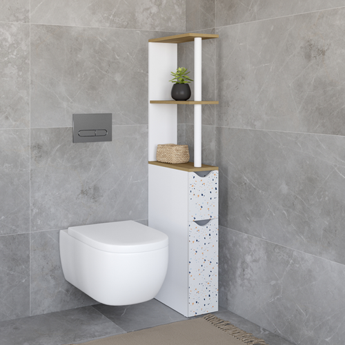 Meuble Wc Étagère Willy 2 Portes Motif Terrazzo Et Hêtre