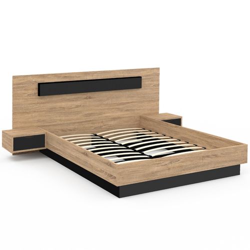 Lit Double Santa Avec Tête De Lit + Tables De Chevet Intégrées Et Sommier 160 X 200 Cm Bois Et Noir