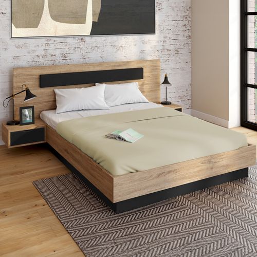 Lit Double Santa Avec Tête De Lit + Tables De Chevet Intégrées Et Sommier 160 X 200 Cm Bois Et Noir