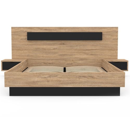 Lit Double Santa Avec Tête De Lit + Tables De Chevet Intégrées Et Sommier 160 X 200 Cm Bois Et Noir