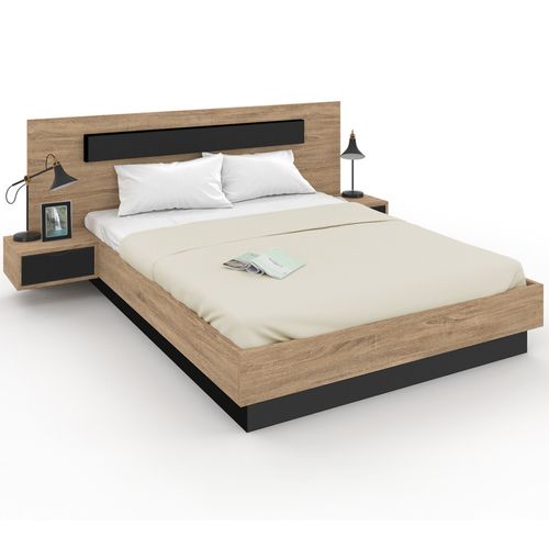 Lit Double Santa Avec Tête De Lit + Tables De Chevet Intégrées Et Sommier 160 X 200 Cm Bois Et Noir