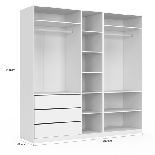 Dressing Modulable Taylor 200 X 55 X 200 Cm 3 Modules Avec Penderies + Étagères + Tiroirs Blanc