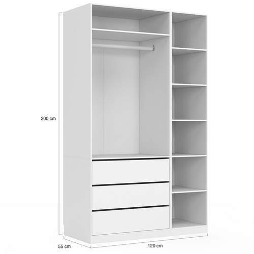 Dressing Modulable Taylor 120 X 55 X 200 Cm 2 Modules Avec Penderie + Étagères + Tiroirs Blanc