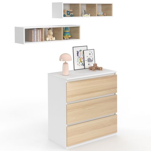 Commode à Langer Évolutive Ambre Façon Hêtre Et Blanc 3 Tiroirs Table à Langer Et 2 Étagères Amovibl