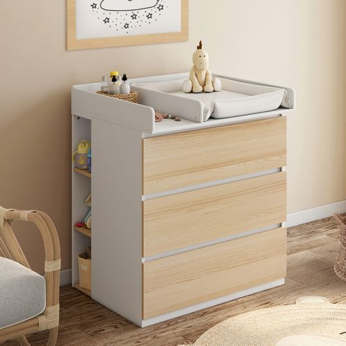 Commode à Langer Évolutive Ambre Façon Hêtre Et Blanc 3 Tiroirs Table à Langer Et 2 Étagères Amovibl