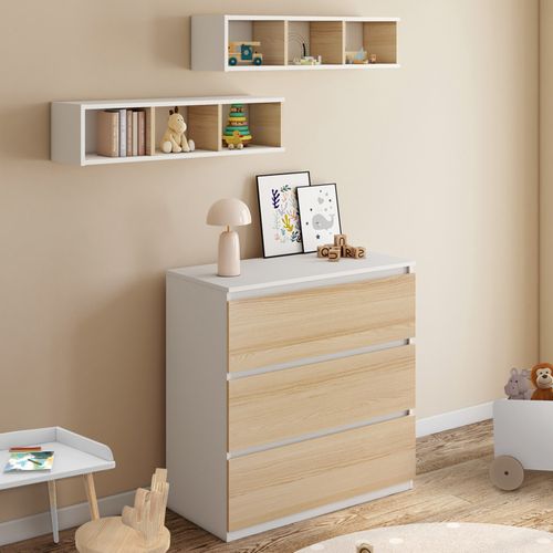 Commode à Langer Évolutive Ambre Façon Hêtre Et Blanc 3 Tiroirs Table à Langer Et 2 Étagères Amovibl