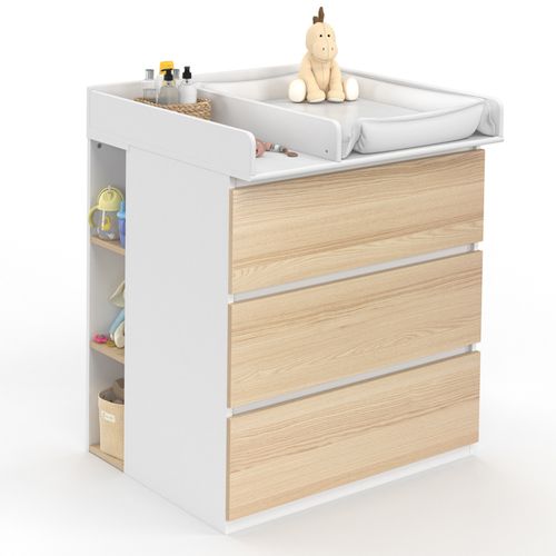 Commode à Langer Évolutive Ambre Façon Hêtre Et Blanc 3 Tiroirs Table à Langer Et 2 Étagères Amovibl