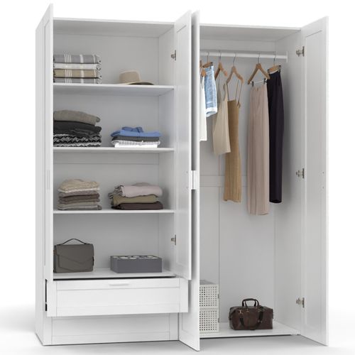 Armoire 4 Portes Vito Blanc Penderie 160 Cm Avec 2 Tiroirs Et Étagères