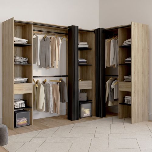 Dressing Extensible D'angle Marlon 230 X 140 X 180 Cm Cm Hêtre Avec Penderies + Étagères + Rideaux N