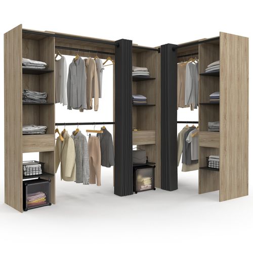 Dressing Extensible D'angle Marlon 230 X 140 X 180 Cm Cm Hêtre Avec Penderies + Étagères + Rideaux N