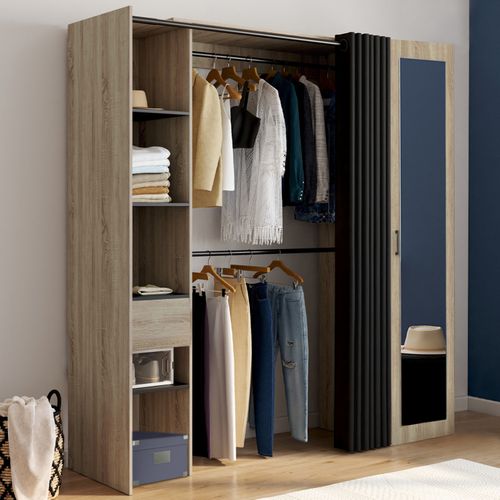 Dressing Extensible Meryl 145/170 X 50 X 180 Cm Hêtre Avec Étagères + Double Penderie + Miroir + Rid