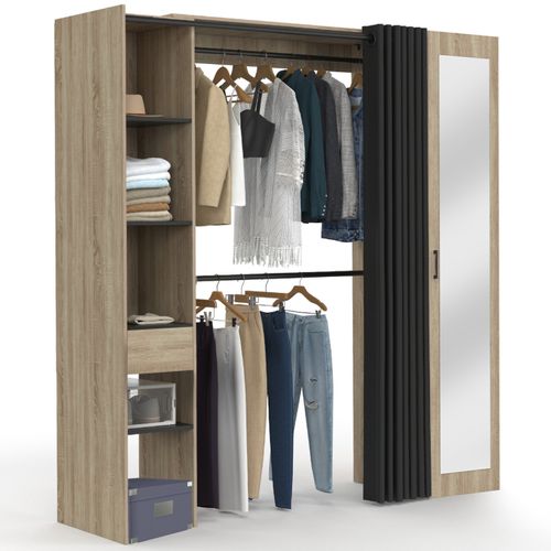 Dressing Extensible Meryl 145/170 X 50 X 180 Cm Hêtre Avec Étagères + Double Penderie + Miroir + Rid