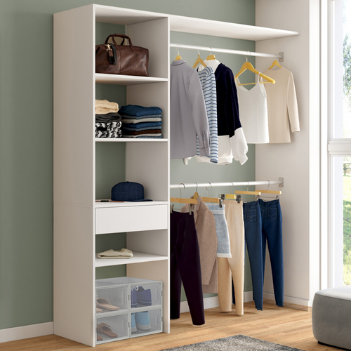 Kit Dressing Meline 160 X 40 X 180 Cm Blanc Avec Étagères + Tiroir + Double Penderie