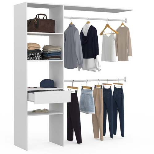 Kit Dressing Meline 160 X 40 X 180 Cm Blanc Avec Étagères + Tiroir + Double Penderie