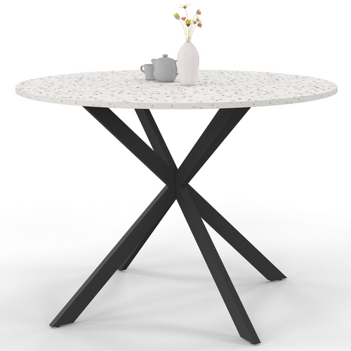 Table à Manger Ronde Alix 6 Personnes Pied Araignée Noir Plateau Effet Terrazzo Simone  110 Cm