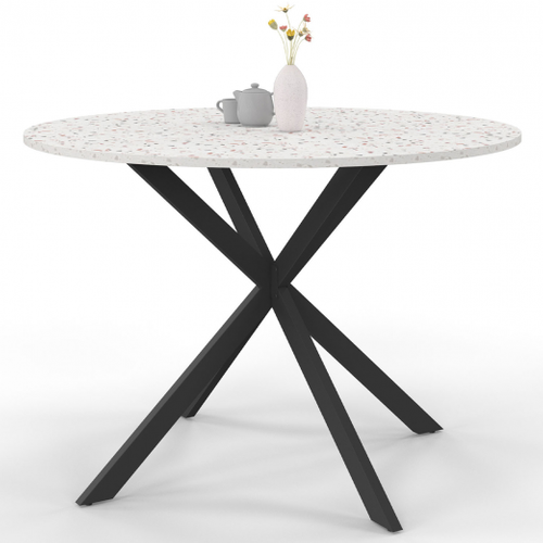 Table à Manger Ronde Alix 6 Personnes Pied Araignée Noir Plateau Effet Terrazzo Simone  110 Cm