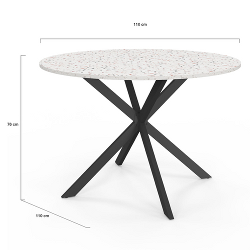 Table à Manger Ronde Alix 6 Personnes Pied Araignée Noir Plateau Effet Terrazzo Simone  110 Cm