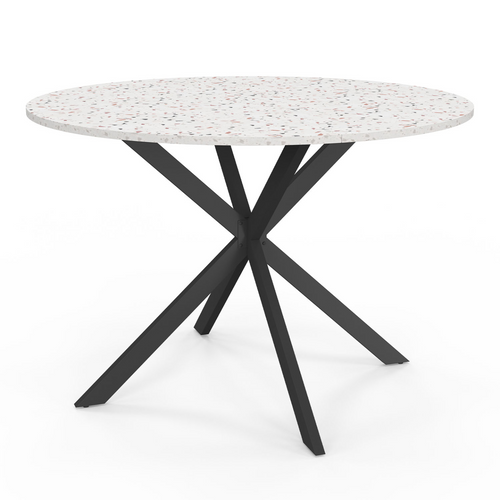 Table à Manger Ronde Alix 6 Personnes Pied Araignée Noir Plateau Effet Terrazzo Simone  110 Cm