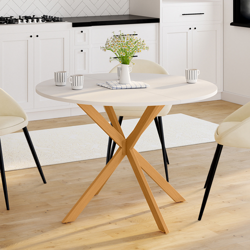 Table à Manger Ronde Alix 6 Personnes Pied Araignée Bois Plateau Blanc Gisele 110 Cm