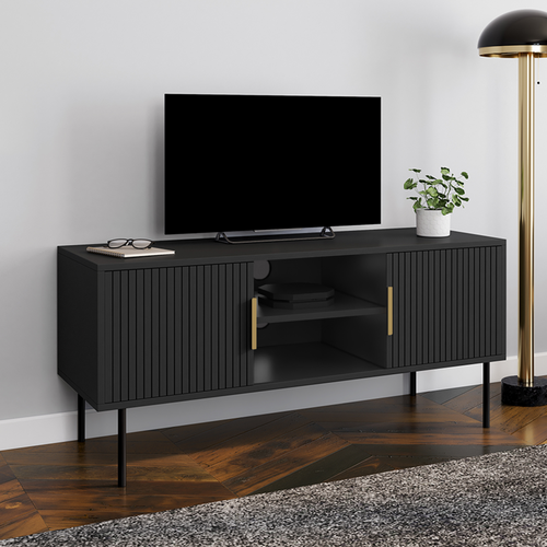 Meuble TV 110 Cm Marcel 2 Portes Lattes Tasseau Bois Noir