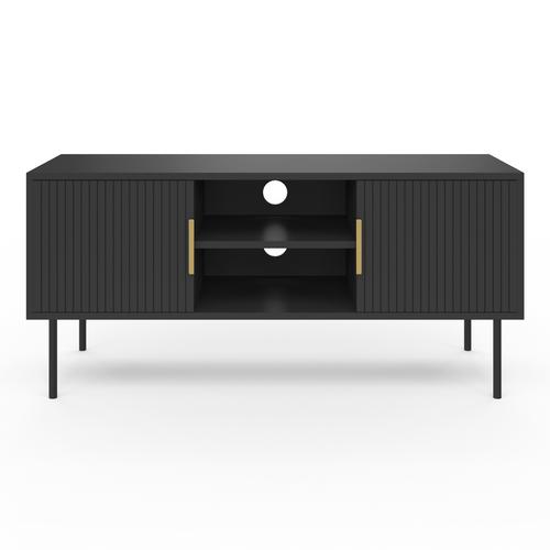 Meuble TV 110 Cm Marcel 2 Portes Lattes Tasseau Bois Noir