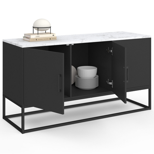 Buffet Bas 113 Cm Alaska 3 Portes Noir Plateau Effet Marbre Blanc