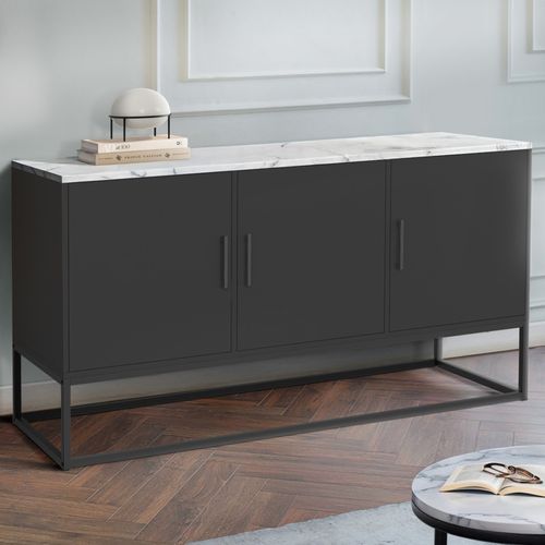 Buffet Bas 113 Cm Alaska 3 Portes Noir Plateau Effet Marbre Blanc