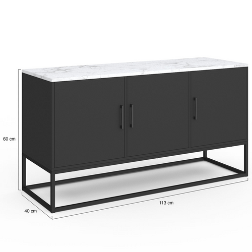 Buffet Bas 113 Cm Alaska 3 Portes Noir Plateau Effet Marbre Blanc