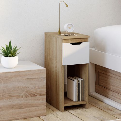 Lot De 2 Tables De Chevet Étroites Anouk 1 Tiroir Avec Niche Bois Façon Hêtre Et Blanc