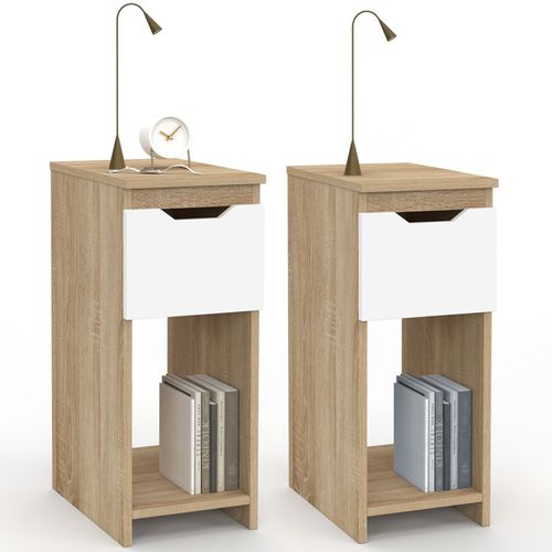 Lot De 2 Tables De Chevet Étroites Anouk 1 Tiroir Avec Niche Bois Façon Hêtre Et Blanc