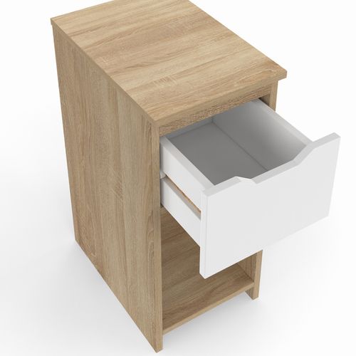 Lot De 2 Tables De Chevet Étroites Anouk 1 Tiroir Avec Niche Bois Façon Hêtre Et Blanc