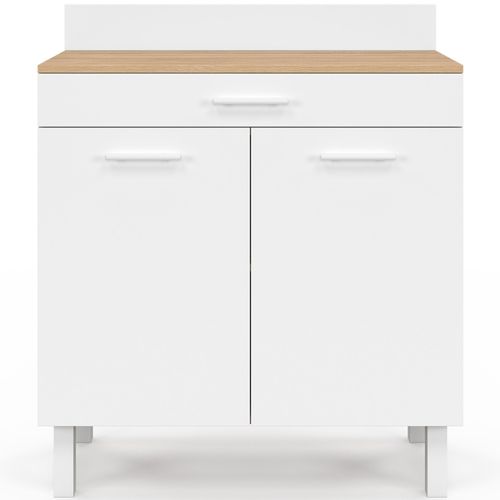 Buffet Bas De Cuisine 80 Cm Cina Plan De Travail H.83 Cm 2 Portes + Tiroir Façon Hêtre Et Blanc