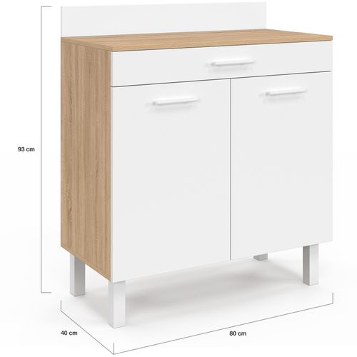 Buffet Bas De Cuisine 80 Cm Cina Plan De Travail H.83 Cm 2 Portes + Tiroir Façon Hêtre Et Blanc