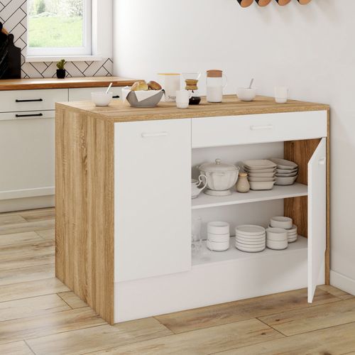 Ilot Central Lio Maxi Capacité De Rangement Bois Et Blanc