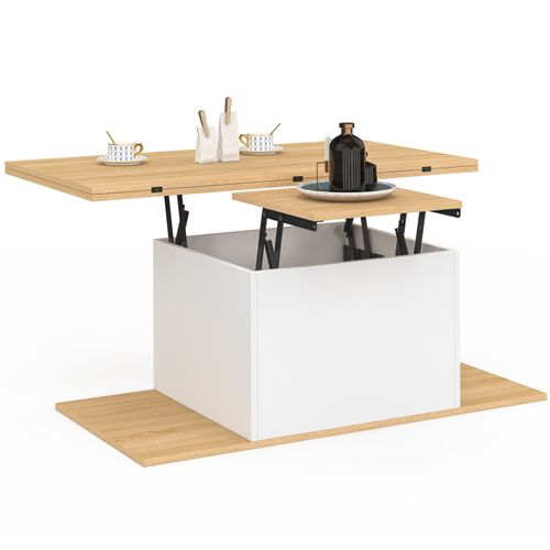Table Basse Plateau Relevable Rectangulaire Convertible En Table à Manger Eden 100 Cm Bois Et Blanc