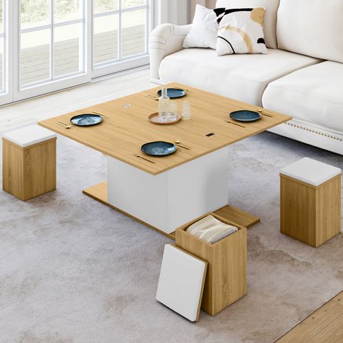 Table Basse Plateau Relevable Rectangulaire Convertible En Table à Manger Eden 100 Cm Bois Et Blanc