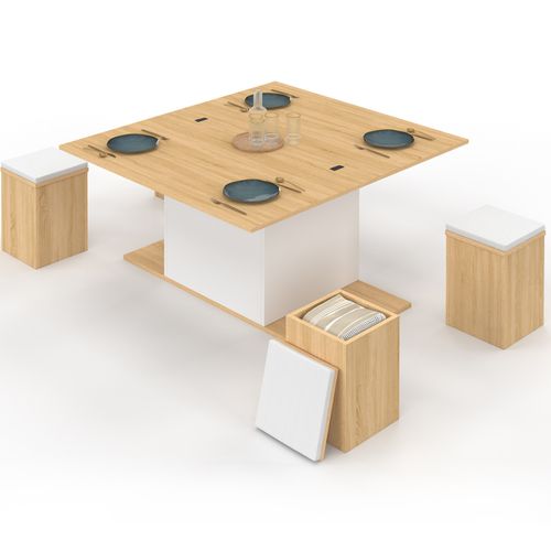 Table Basse Plateau Relevable Rectangulaire Convertible En Table à Manger Eden 100 Cm Bois Et Blanc